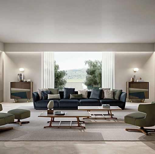 Tavolino Archè con struttura in legno massello e top in cuoio di Frigerio