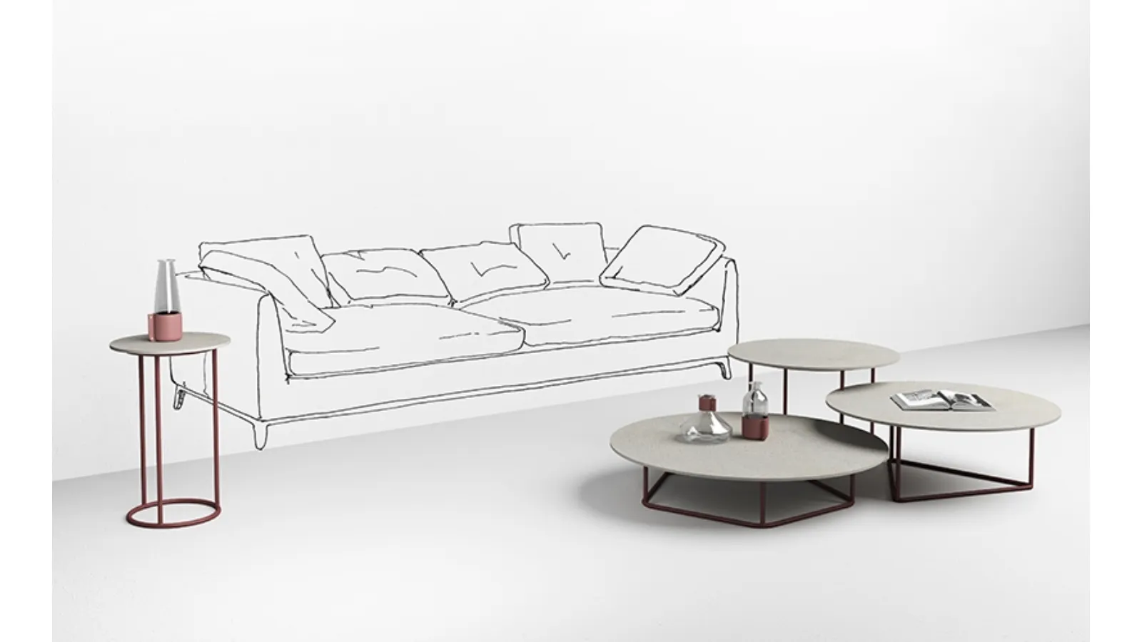 Tavolini con top in cemento bianco Circus di Minotti Italia