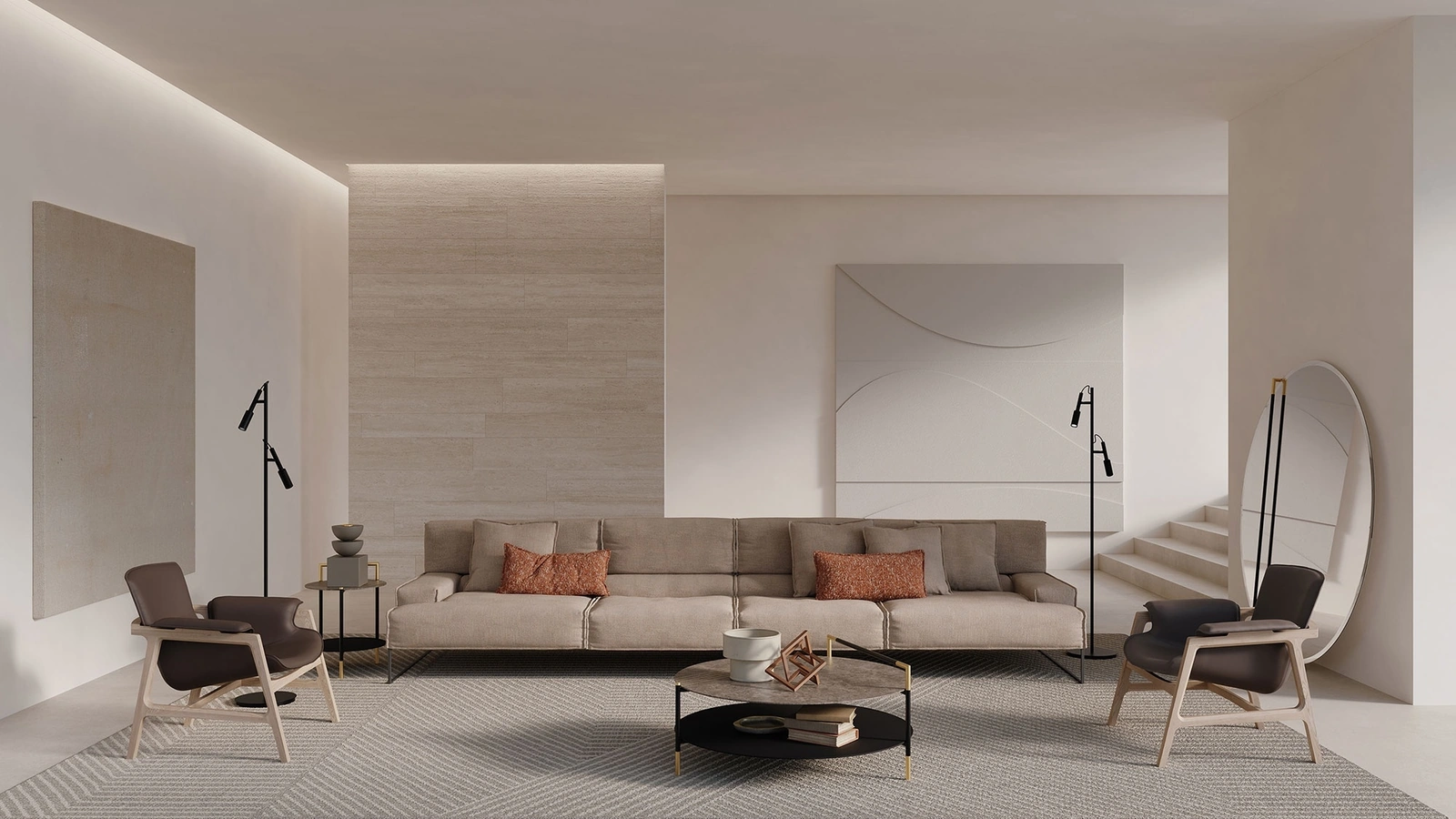 Tavolino Kevin con top in gres porcellanato effetto marmo, ripiano inferiore in vetro opaco retro-verniciato in colore nero e struttura  in metallo color nero sablé con dettagli in metallo color oro satinato di Frigerio
