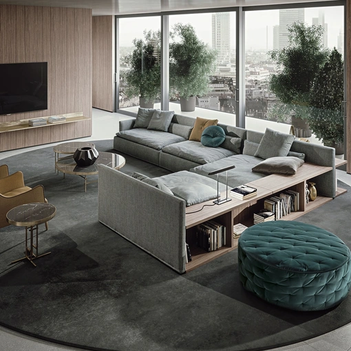 Pouf dalla forma tonda Miller in tessuto trapuntato di Frigerio