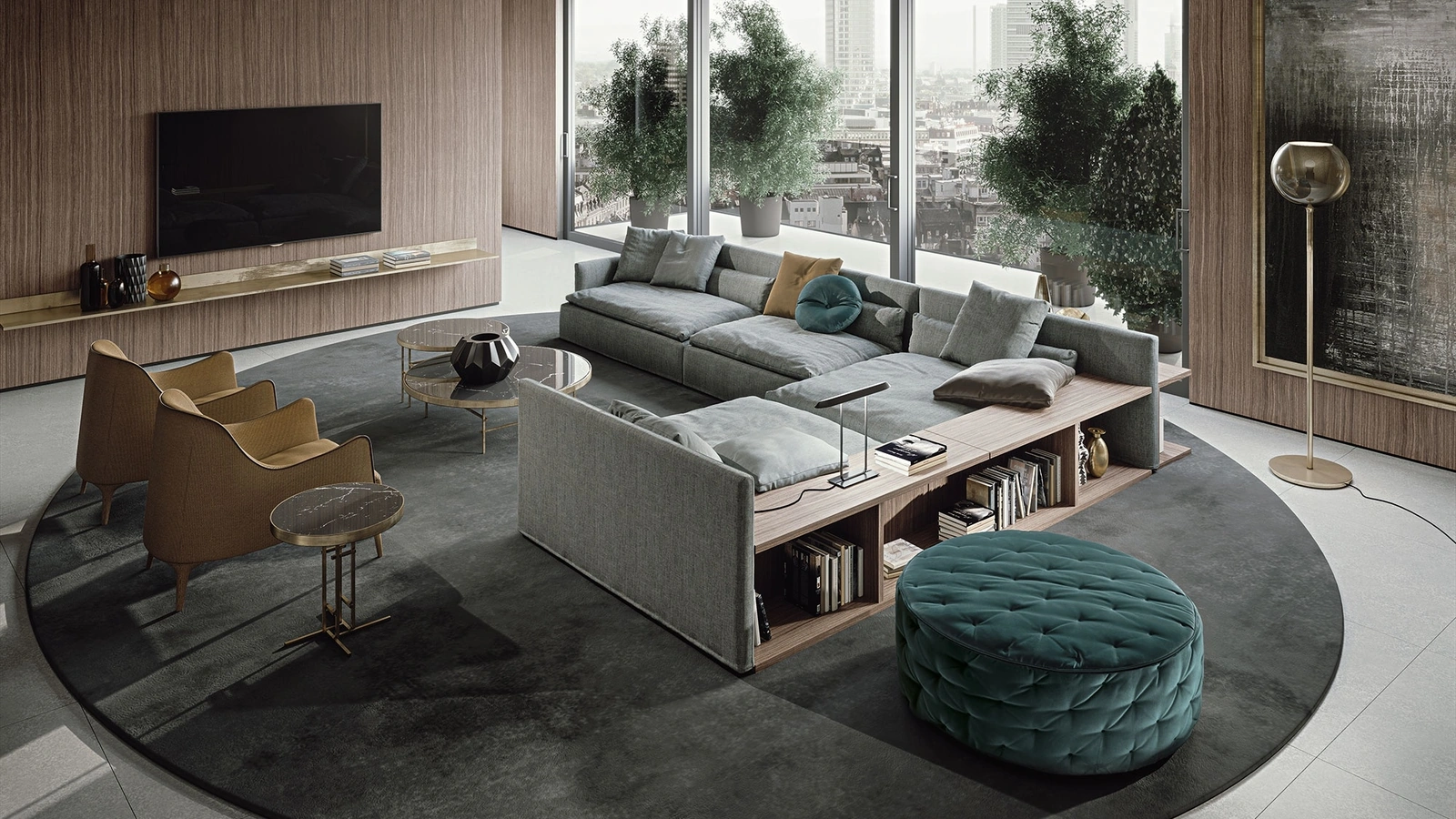 Pouf dalla forma tonda Miller in tessuto trapuntato di Frigerio