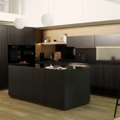Render cucina con isola e zona pranzo
