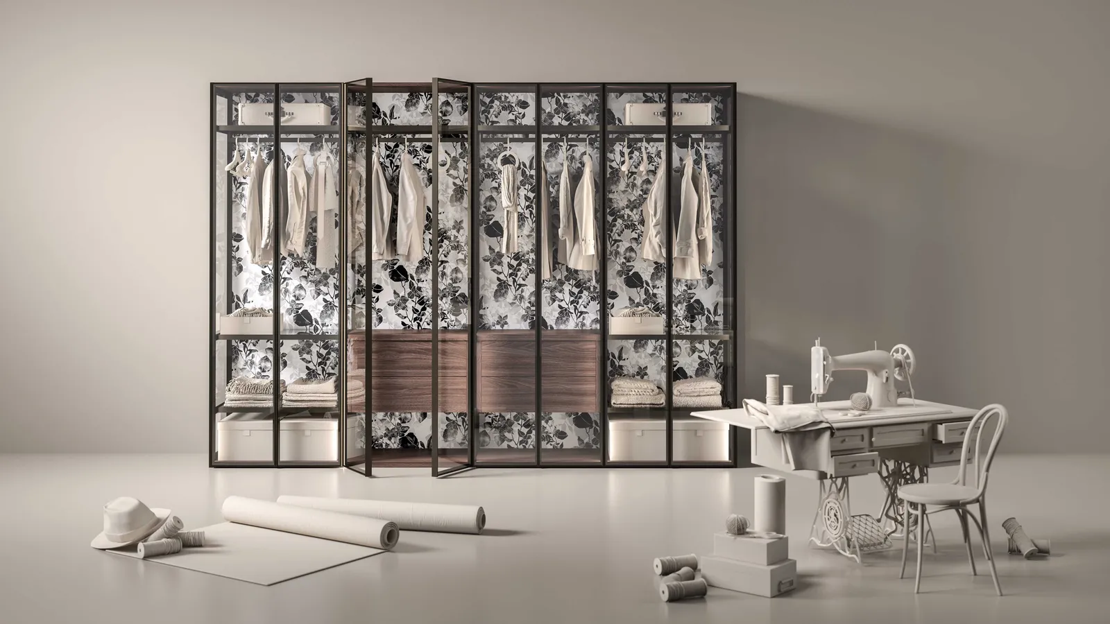 Armadio Cristal 01 con telaio in alluminio color bronzo, ante in vetro trasparente e cassetti in olmo di Tumidei