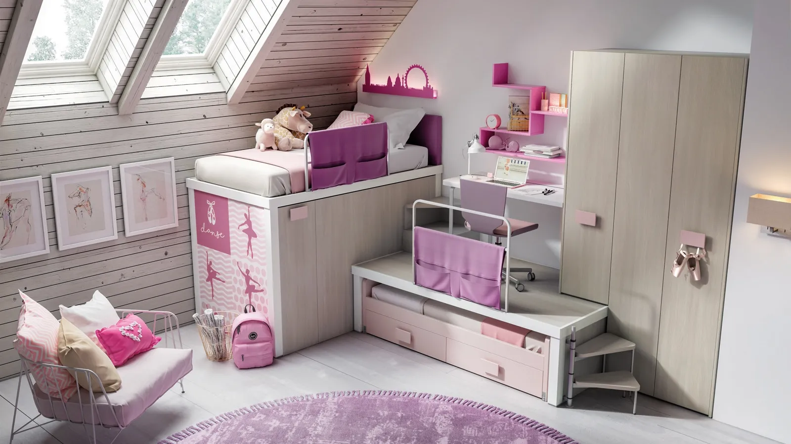 Cameretta per bimbe dai 6 ai 9 anni nei toni del rosa e beige Comp 305 di Tumidei
