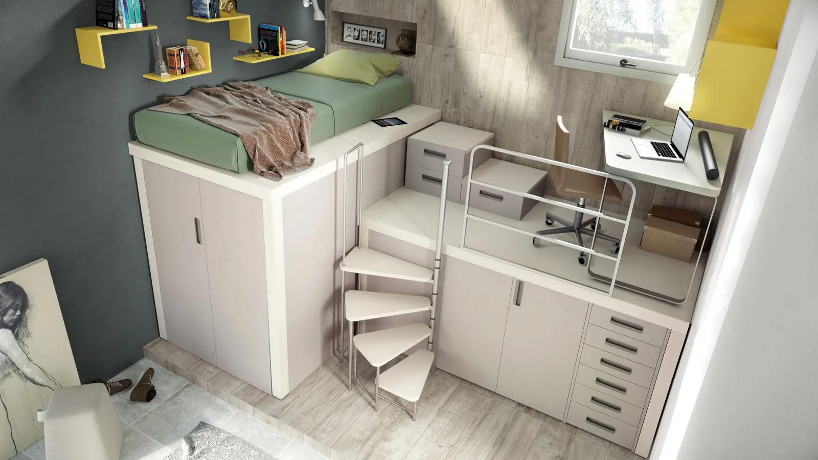 Cameretta in laccato chiaro con letto singolo a soppalco Comp 314 di Tumidei