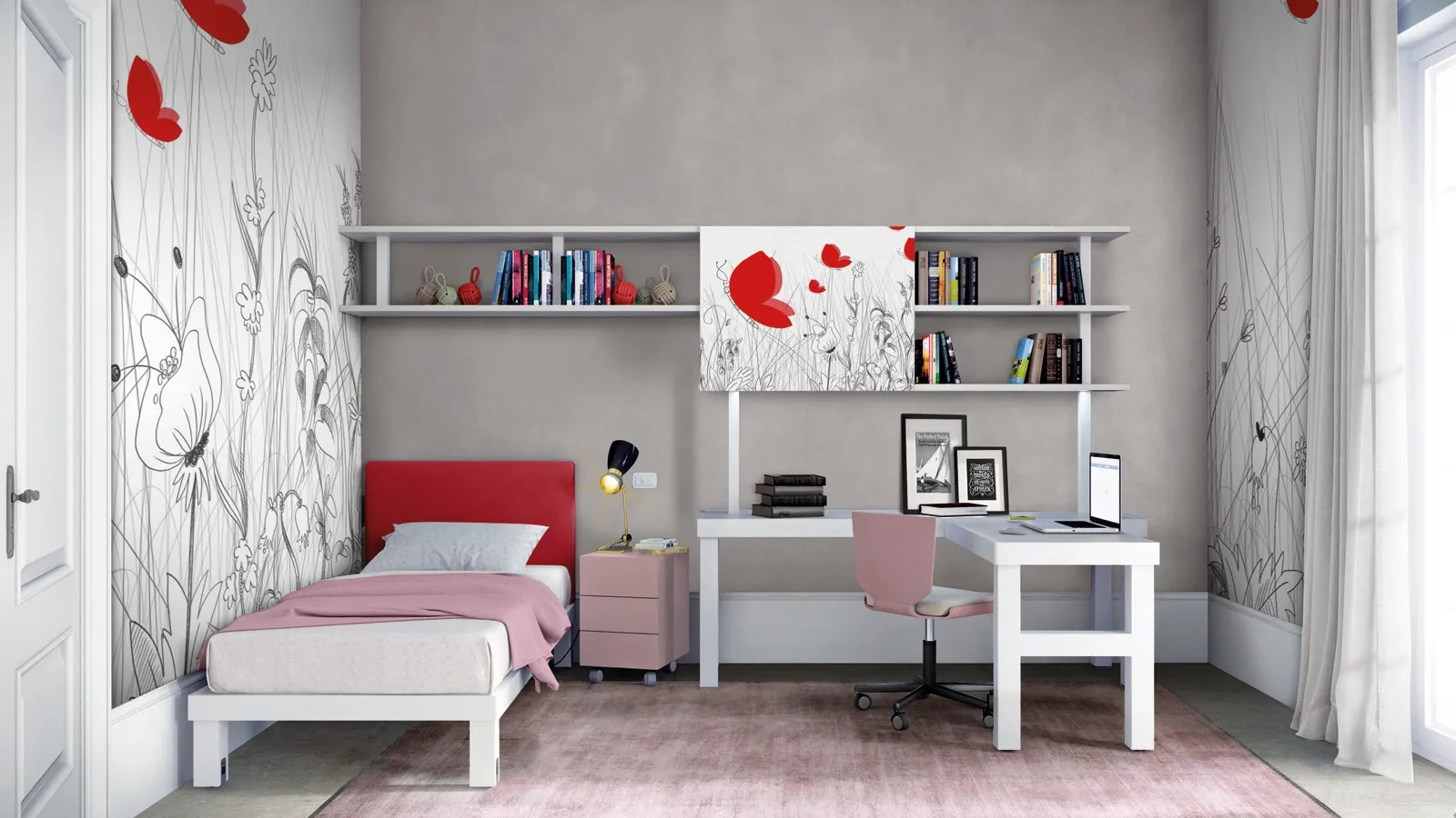 Cameretta singola con scrivania a penisola e libreria Comp 321 di Tumidei