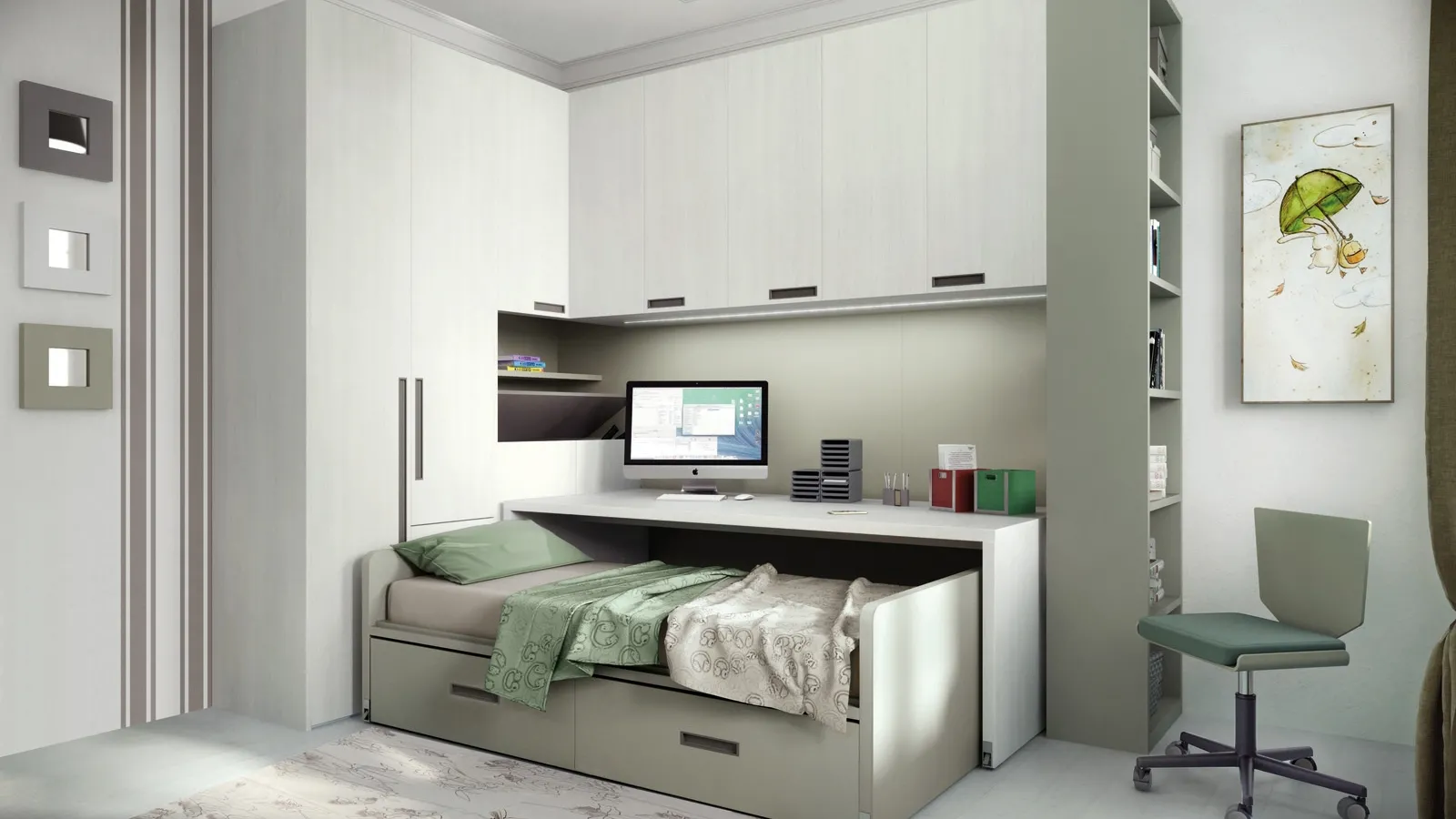 Cameretta in laccato e melaminico con letto estraibile da scrivania Comp 337 di Tumidei
