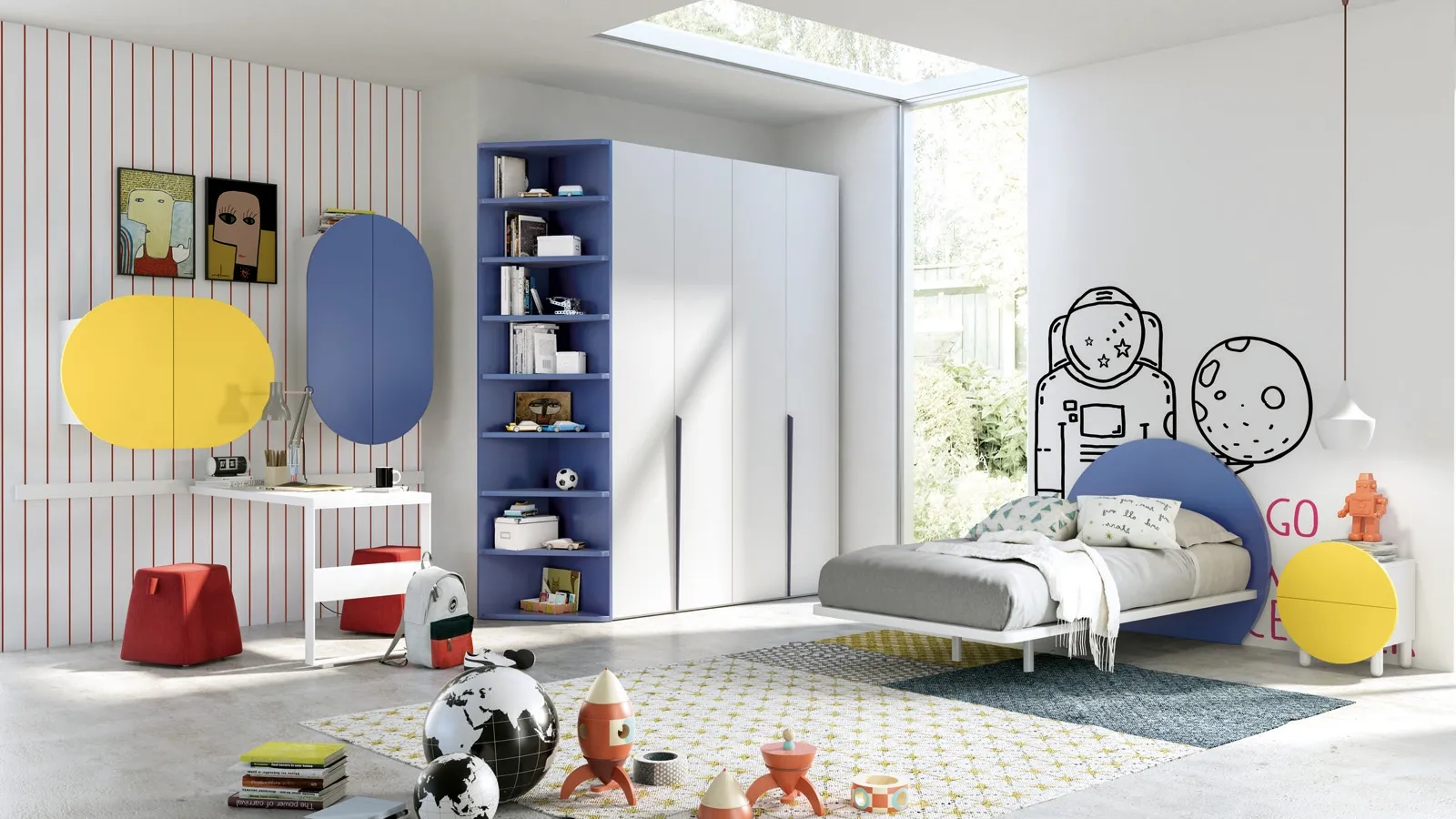 Cameretta in laccato bianco, giallo e blu Cina Comp 345 di Tumidei