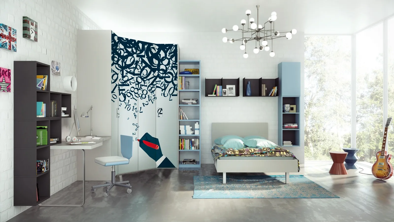 Cameretta con cabina armadio ad angolo serigrafata Comp 349 di Tumidei