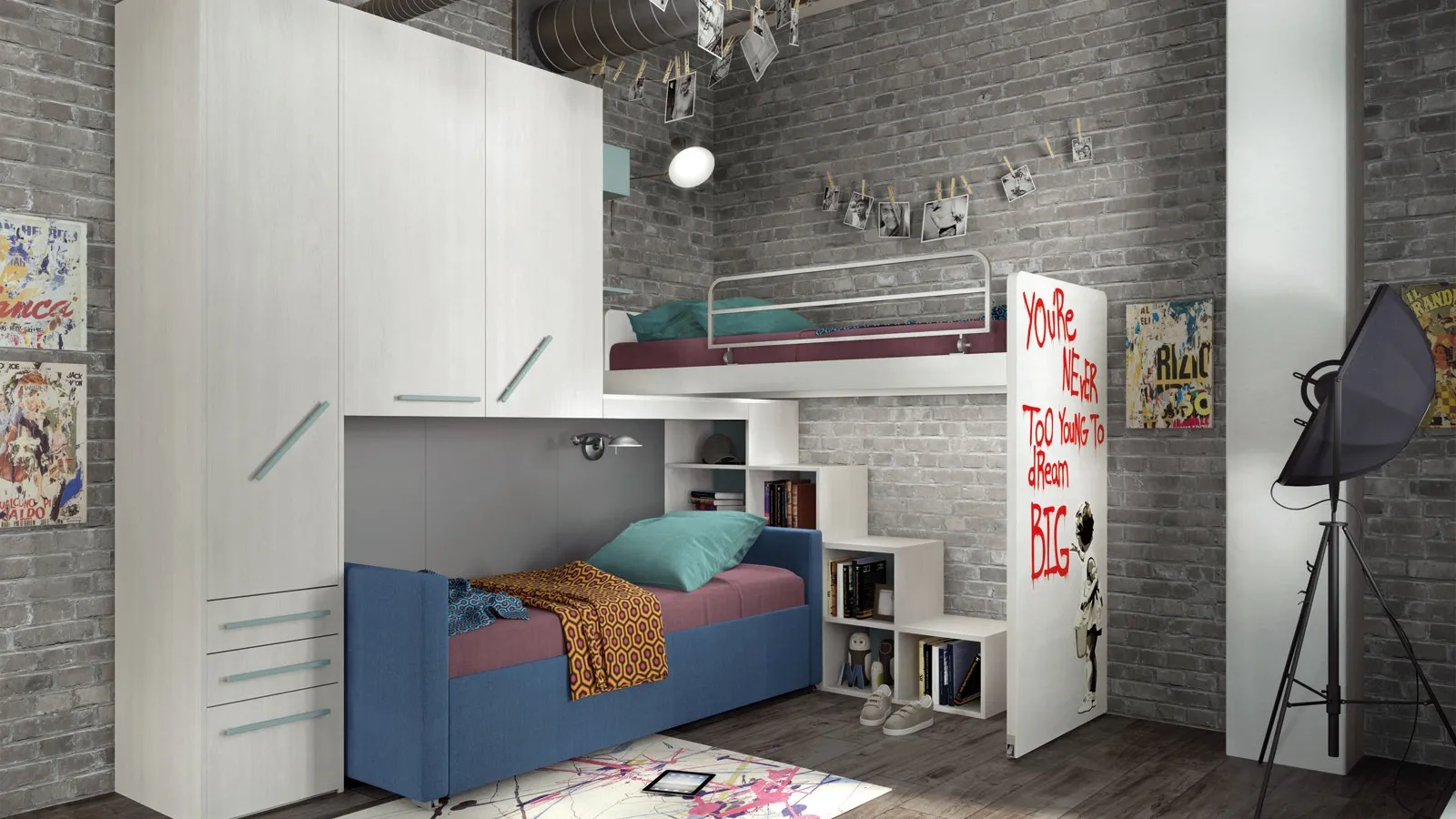 Cameretta in melaminico e laccato con letto in tessuto Comp 357 di Tumidei