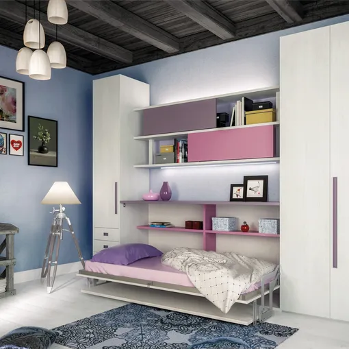 Cameretta a ponte in laccato e melaminico olmo con letto a scomparsa Comp 365 di Tumidei