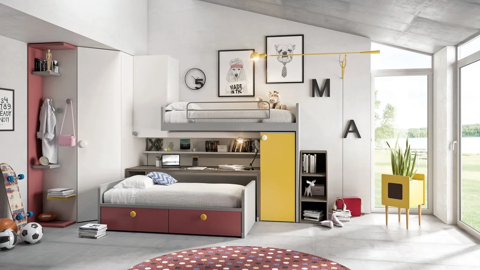 Cameretta in laccato con letto a soppalco con scrivania e secondo letto estraibile Comp 354 di Tumidei