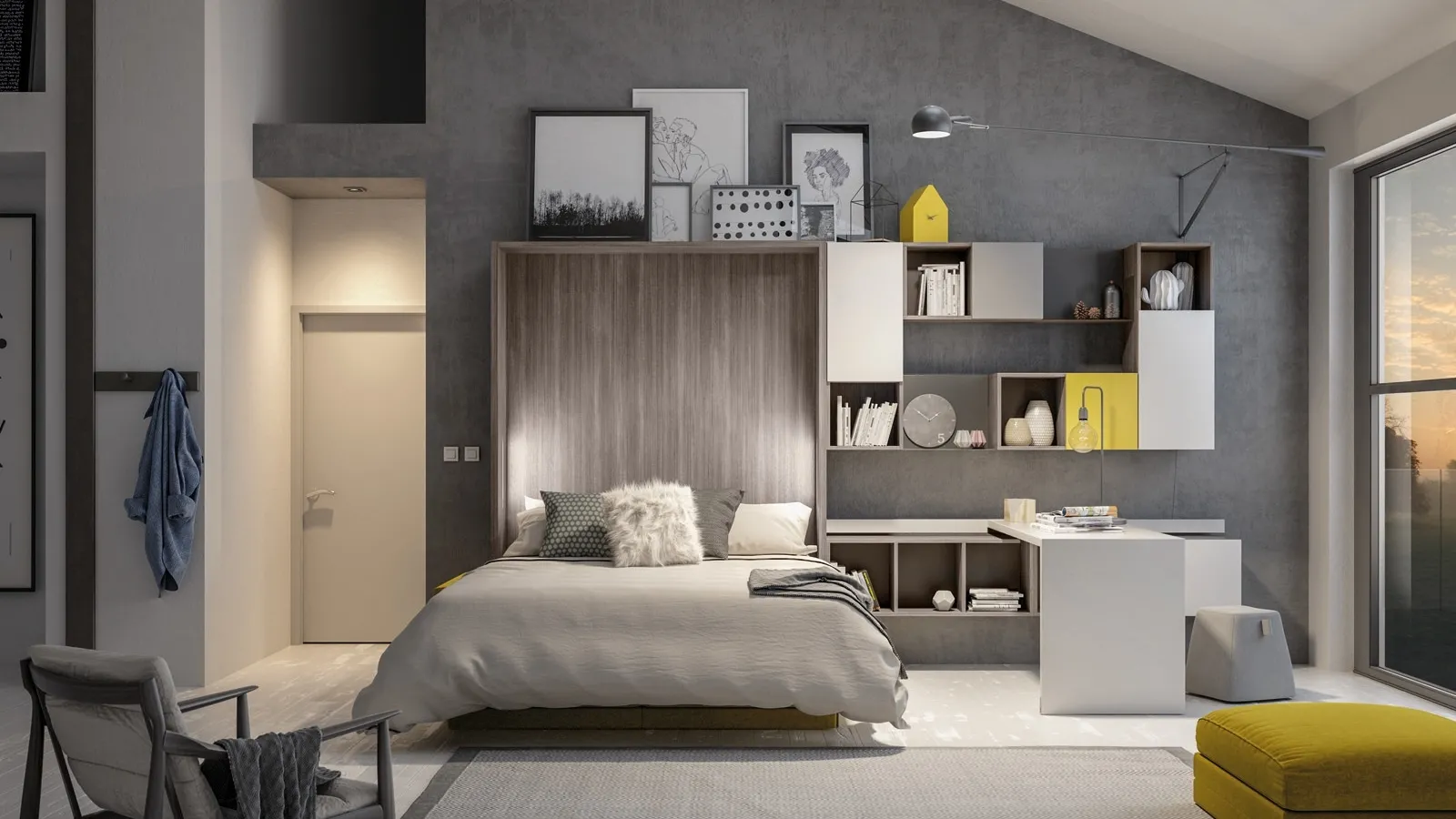 Cameretta con letto a scomparsa aperto e angolo studio Comp 358 di Tumidei