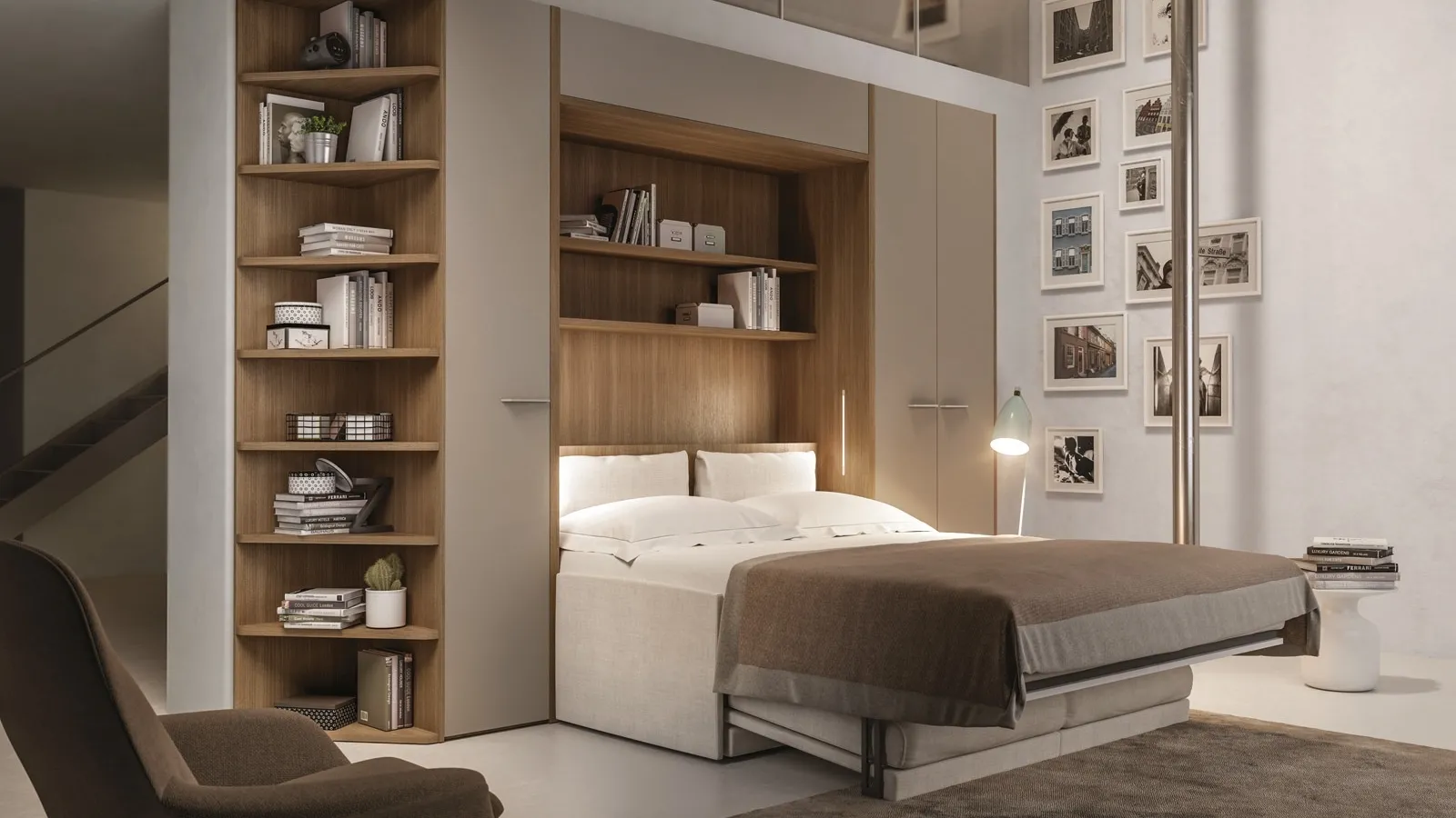 Cameretta in laccato e melaminico con letto a scomparsa aperto Comp 359 di Tumidei