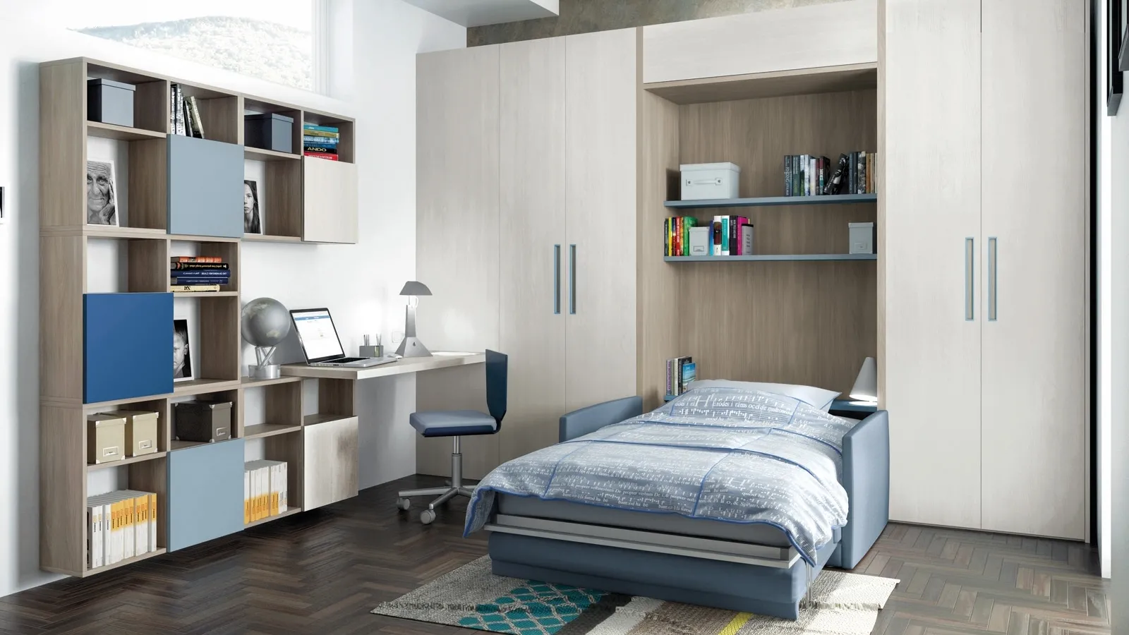 Cameretta in laccato e melaminico olmo con letto a scomparsa Comp 361 di Tumidei