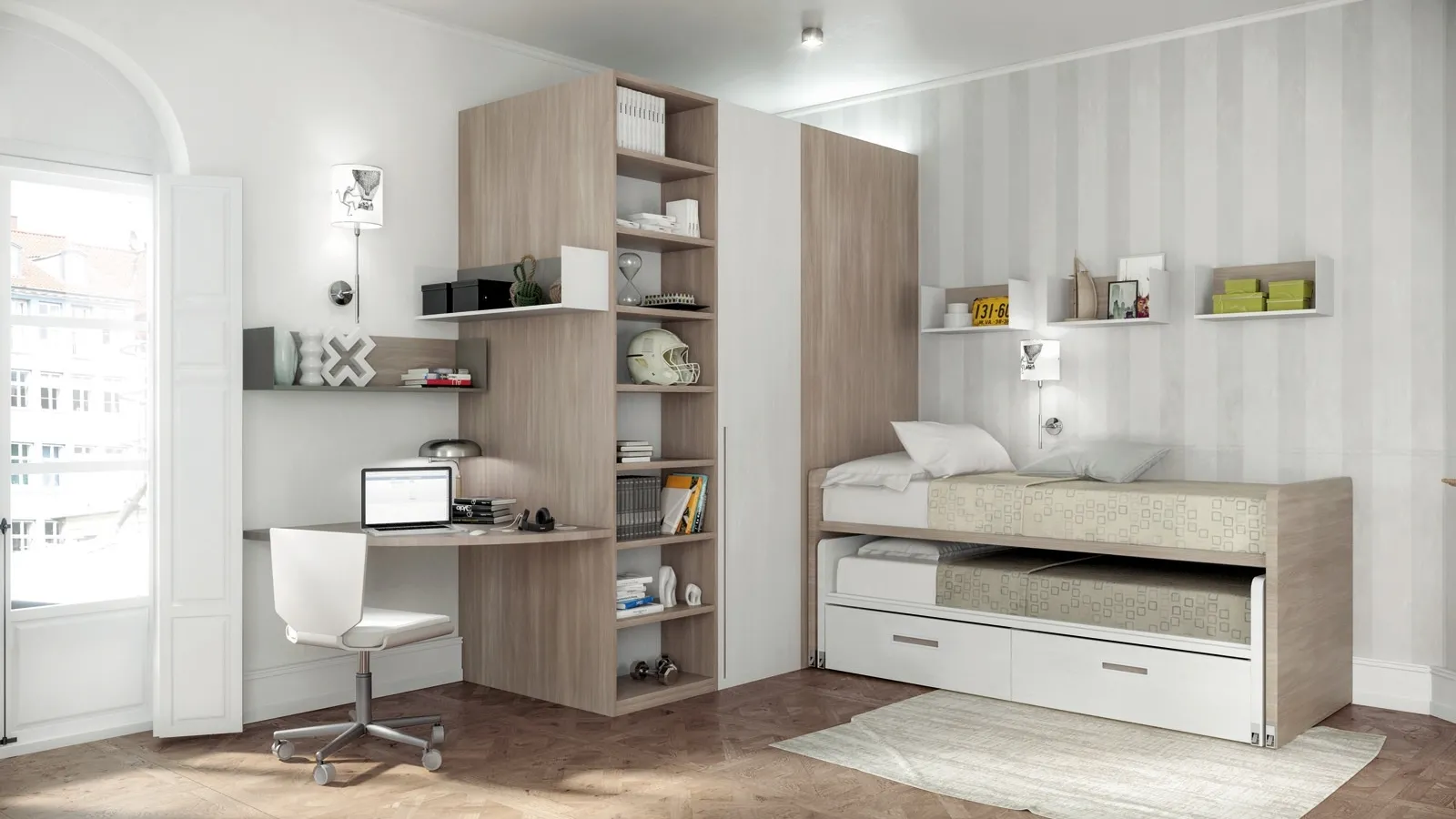 Cameretta in melaminico olmo bio e olmo calce con secondo letto estraibile Comp 370 di Tumidei