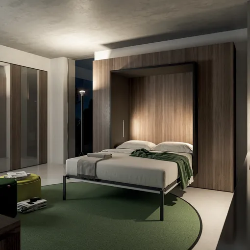 Letto matrimoniale a scomparsa in legno di rovere carbone e melaminico Alcova System Comp 255 di Tumidei
