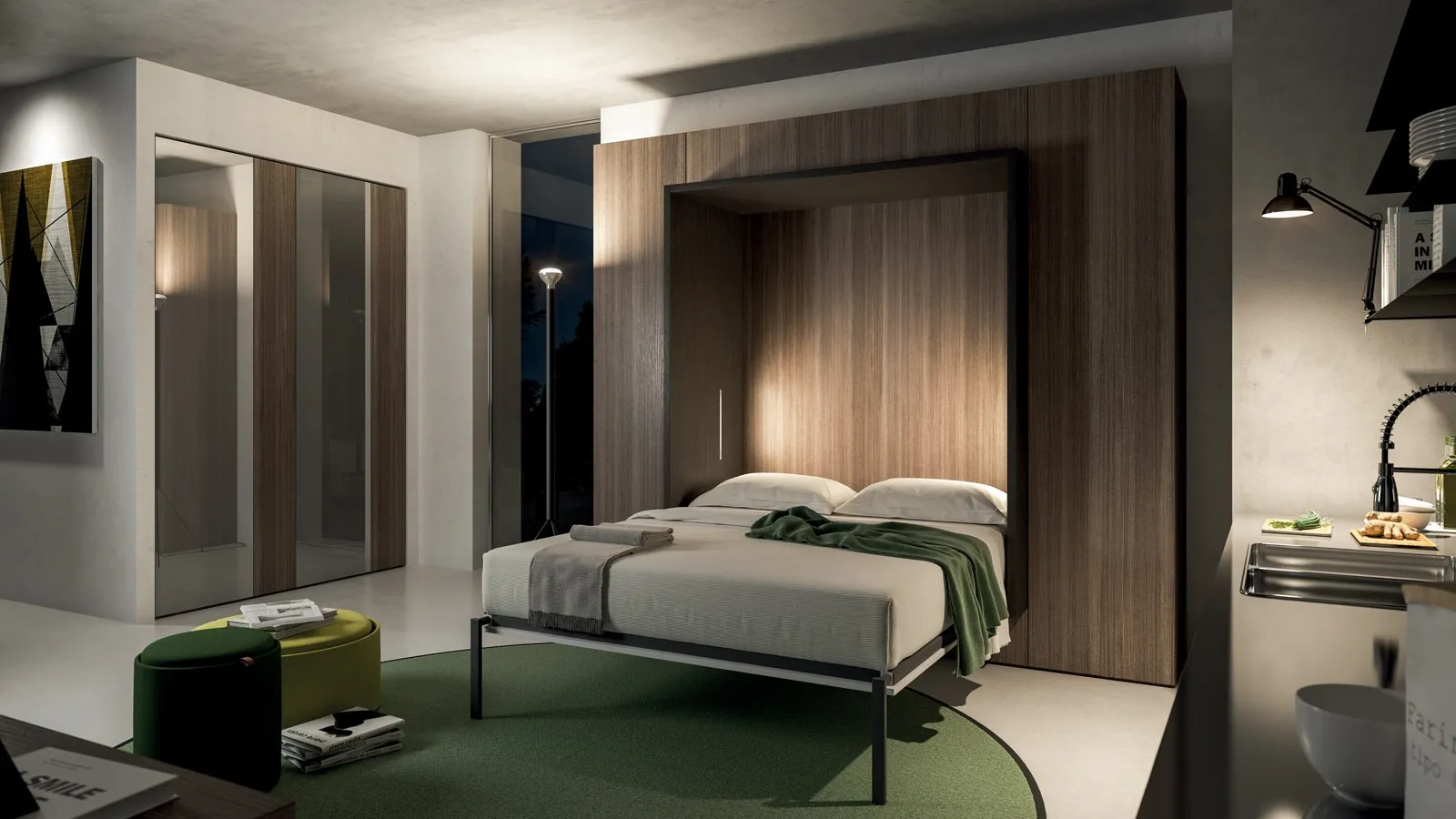 Letto matrimoniale a scomparsa in legno di rovere carbone e melaminico Alcova System Comp 255 di Tumidei