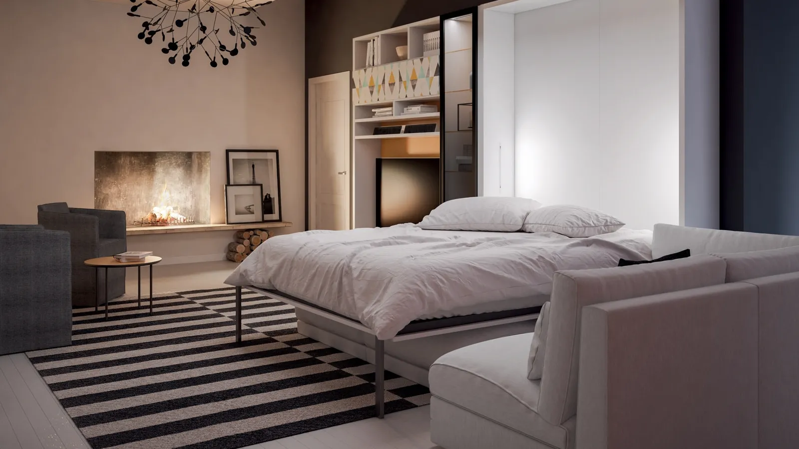 Letto a scomparsa aperto in laccato opaco bianco Divano On Off Comp 256 di Tumidei