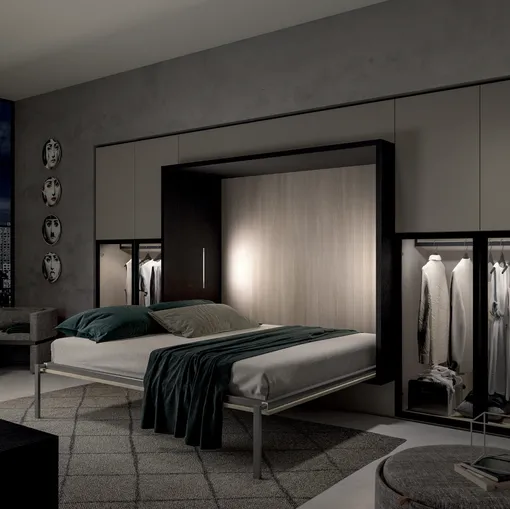 Letto matrimoniale a scomparsa su nicchia in legno e melaminico con armadiatura in laccato opaco Alcova System Comp 259 di Tumidei