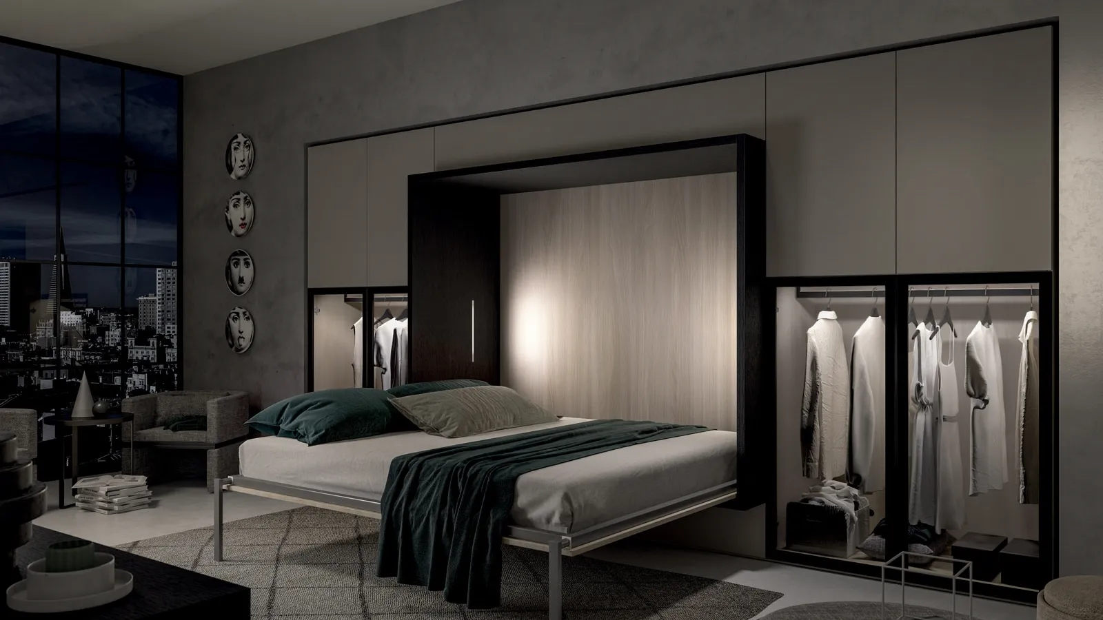 Letto matrimoniale a scomparsa su nicchia in legno e melaminico con armadiatura in laccato opaco Alcova System Comp 259 di Tumidei