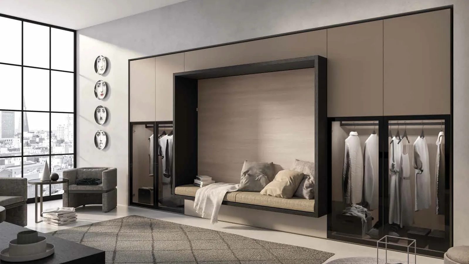 Letto matrimoniale a scomparsa chiuso su nicchia in legno e melaminico con armadiatura in laccato opaco Alcova System Comp 259 di Tumidei