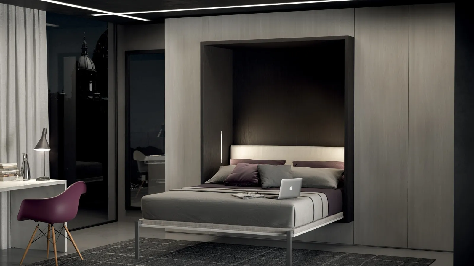 Letto matrimoniale a scomparsa in nicchia in legno di rovere carbone su boiserie in melaminico Alcova System Comp 273 di Tumidei