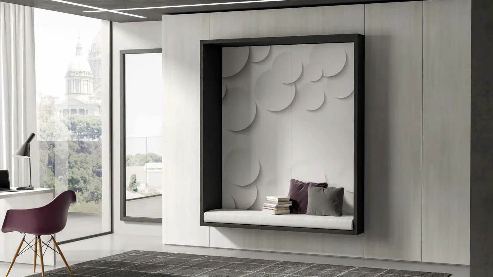 Letto matrimoniale a scomparsa in nicchia in legno di rovere carbone e laccato bianco opaco su boiserie in melaminico Alcova System Comp 273 di Tumidei