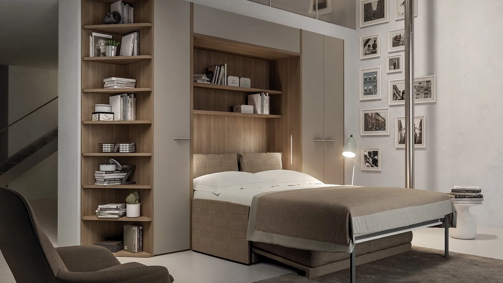 Letto a scomparsa aperto in laccato e melaminico Block System Comp 260 di Tumidei