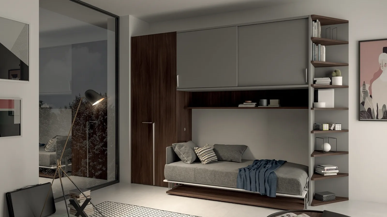 Letto singolo a scomparsa in melaminico e laccato Block System Comp 265 di Tumidei