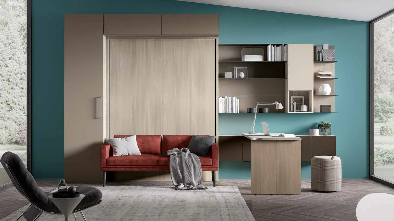 Letto a scomparsa chiuso con scrivania in laccato opaco e melaminico Block System Comp 277 di Tumidei