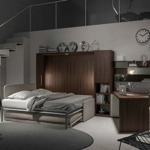 Letto matrimoniale a scomparsa su nicchia in legno e melaminico con armadiatura in laccato opaco Alcova System Comp 259 di Tumidei
