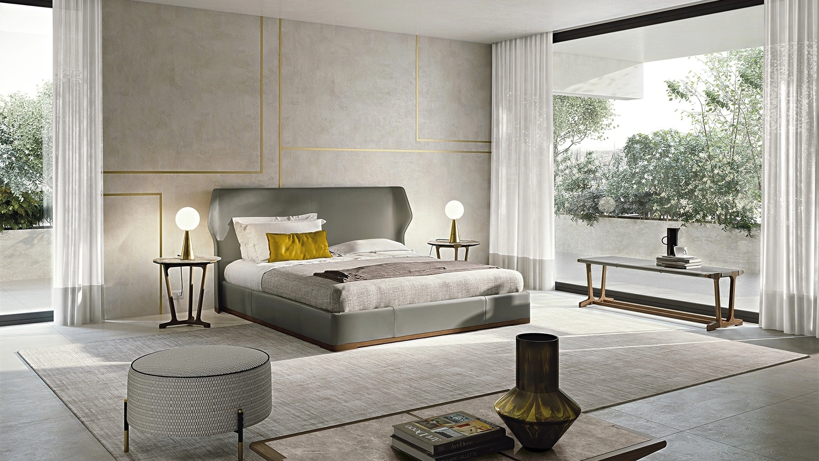 Letto matrimoniale con testiera completamente rivestito in cuoio con base in legno massello Agio di Frigerio