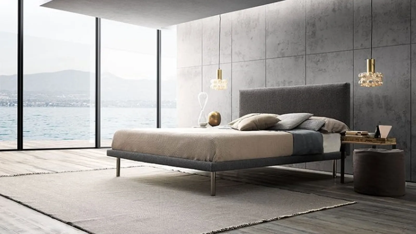 Letto in tessuto con testiera imbottita lineare e piedini alti cilindrici in metallo Essential di Valentini