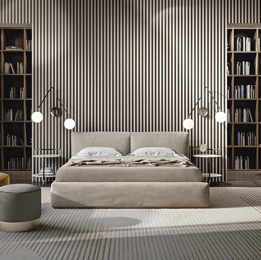 Letto in tessuto imbottito con testiera e box contenitore Cooper di Frigerio