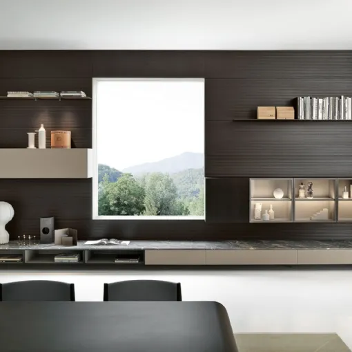 Parete Attrezzata in laccato opaco con top in marmo e schiena in canneté Modern Living 05 di Porro