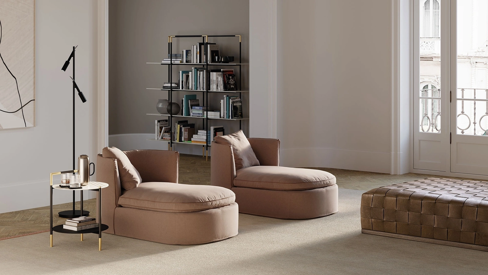 Poltrona dalle forme morbide in tessuto imbottito Bessie Longue di Frigerio