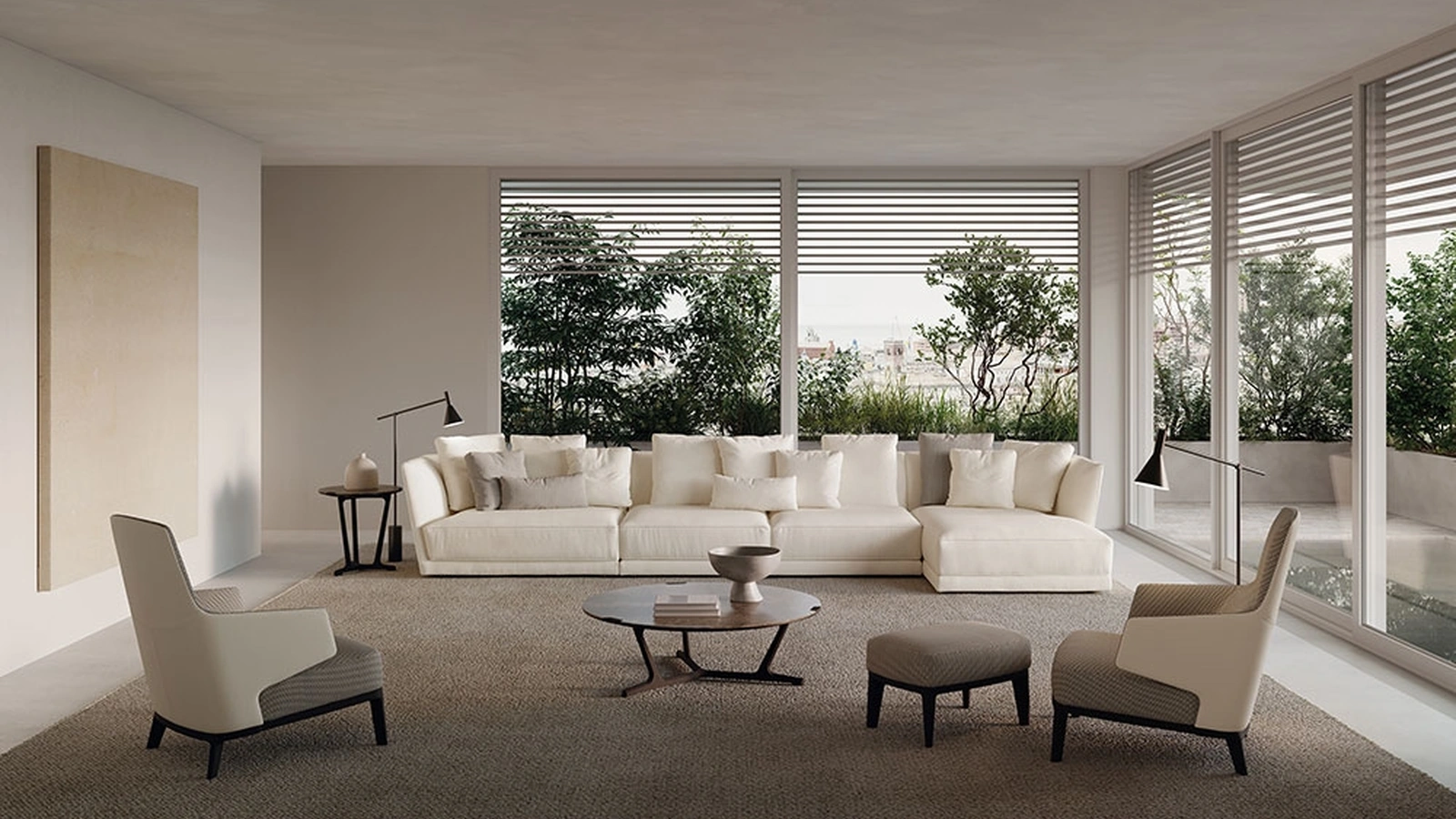 Divano confortevole con penisola in tessuto bianco Foster di Frigerio