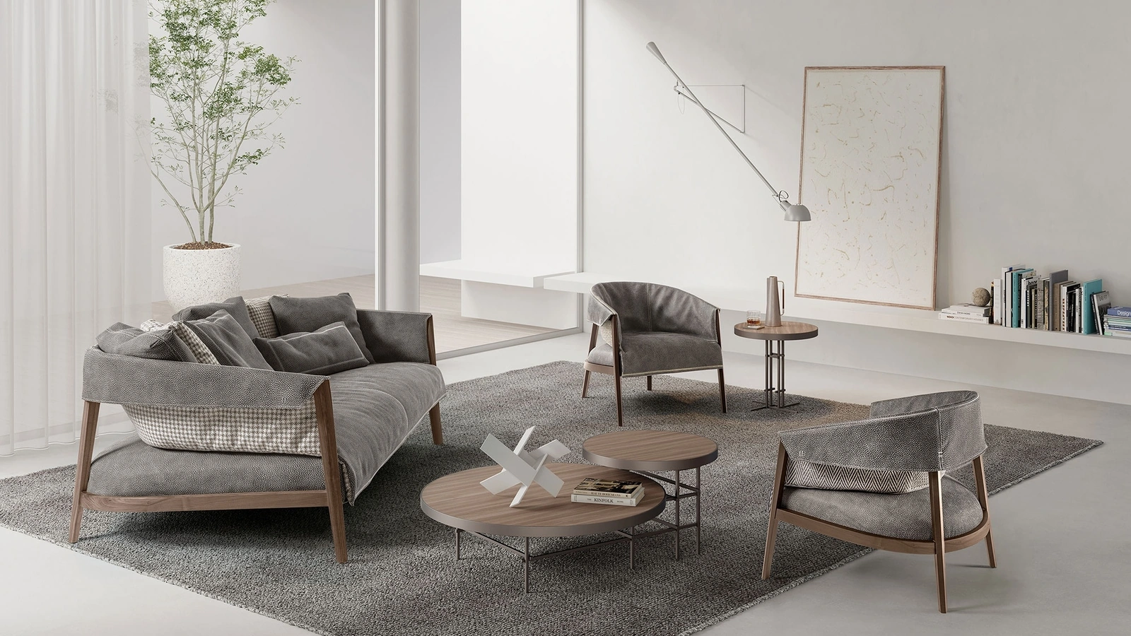 Divano lineare in pelle e tessuto con struttura in legno massello Burton di Frigerio