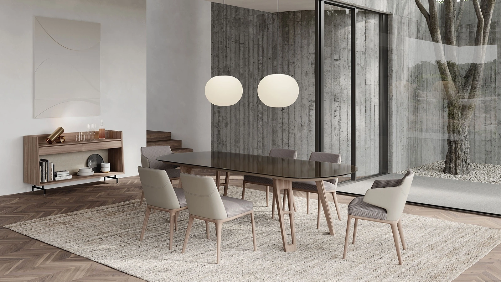 Sedia con o senza braccioli rivestita in tessuto e pelle con base in legno massello di frassino Amanda di Frigerio