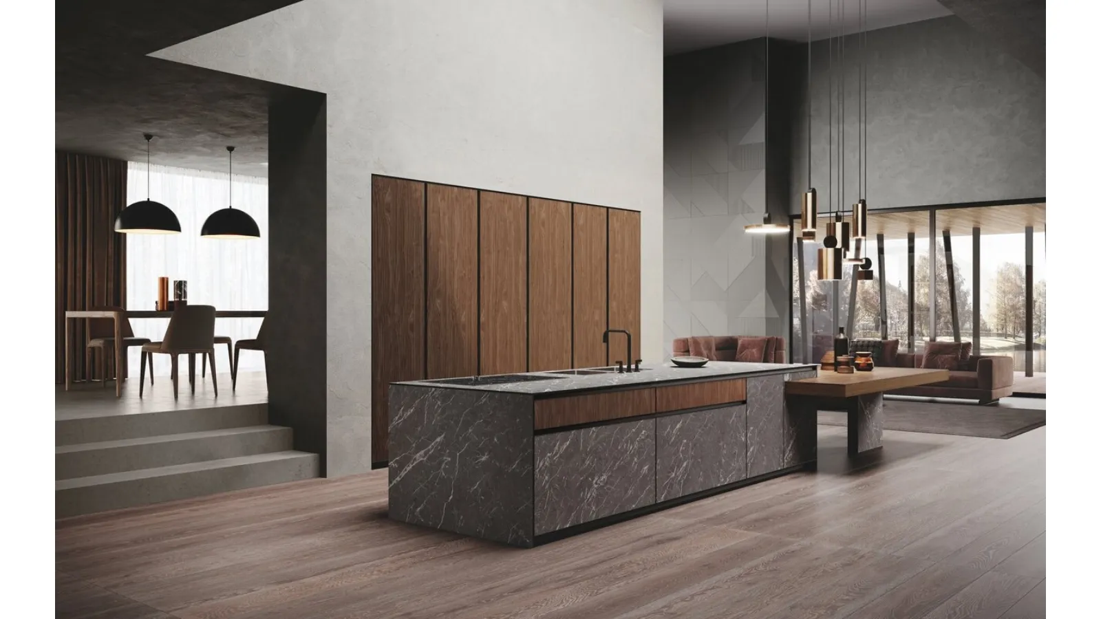 Cucina Design con isola Avola in legno e gres di Binova