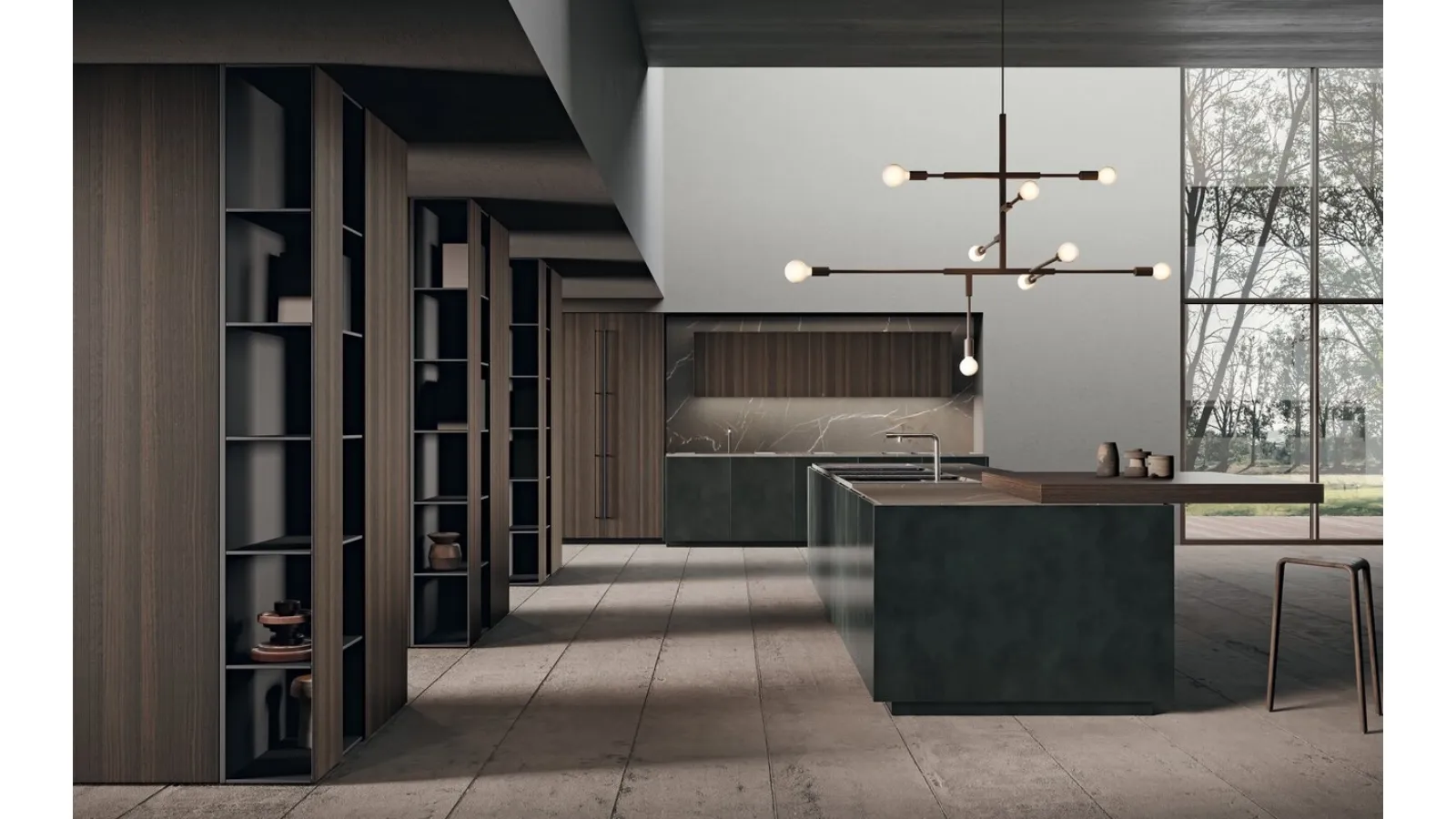 Cucina Design con isola in laccato effetto metallico e bilaminato effetto legno con top in gres Scava di Binova