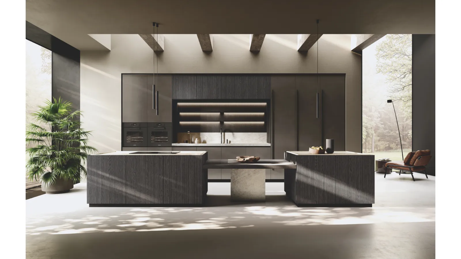 Cucina Design in laccato Metal con isola Bluna Legno Rigato di Binova