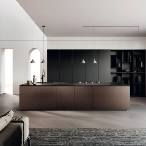 Cucina Design in laccato Nero e laccato alluminio brunito, vetro e bilaminato noce con isola Lab di Binova