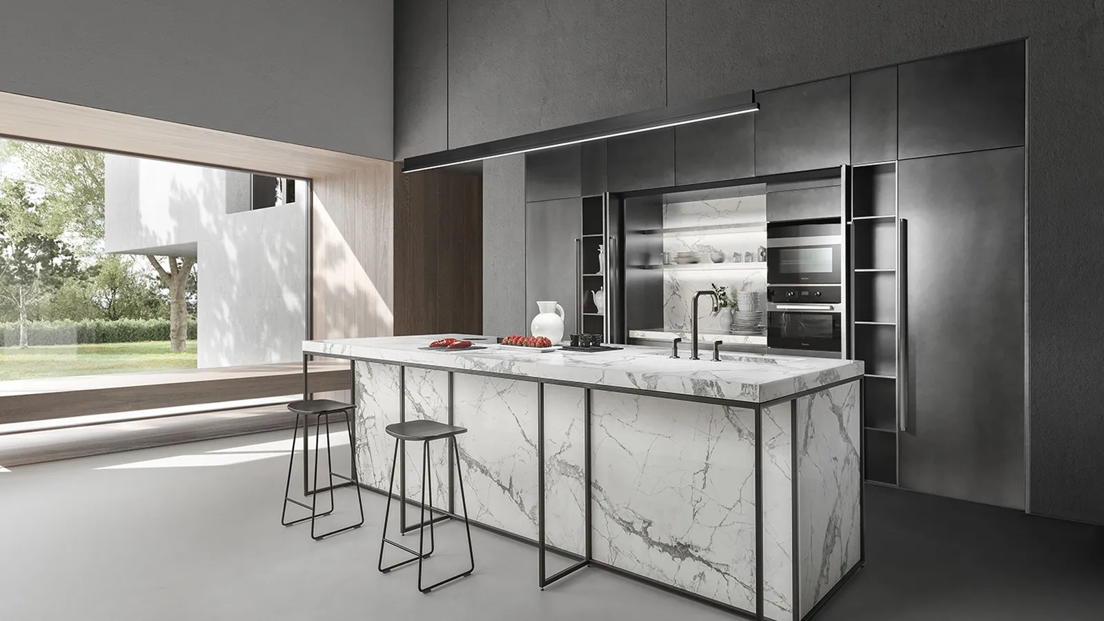 Cucina Design con isola Domestic Identities in laccato Metal e Gres di Mittel