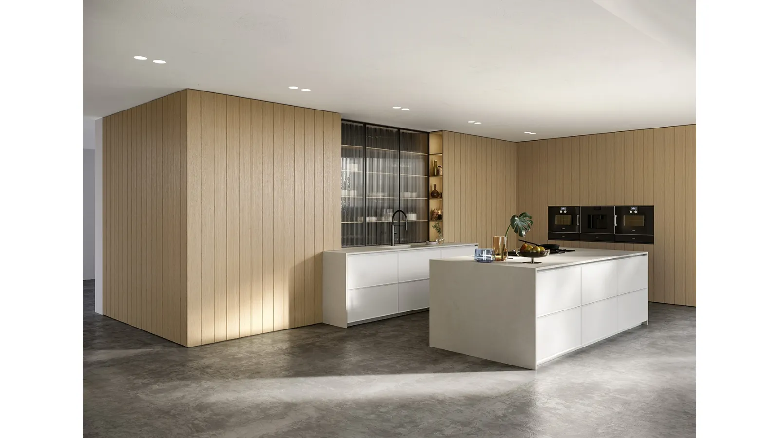 Cucina Design con isola Teatro Collection in laccato, rovere e gres di Mittel
