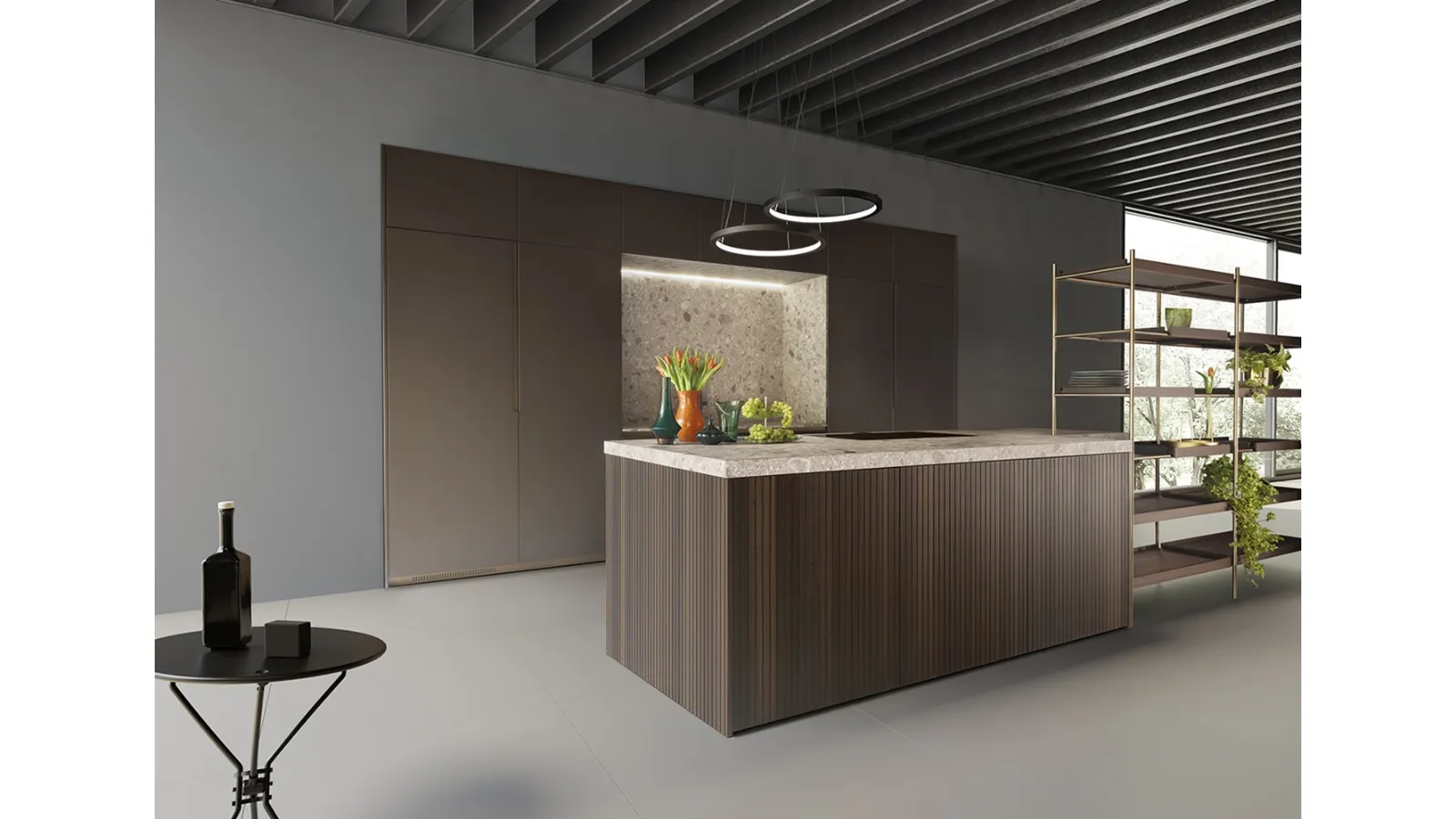 Cucina Design in laccato con isola in eucalipto e gres Without Borders di Mittel