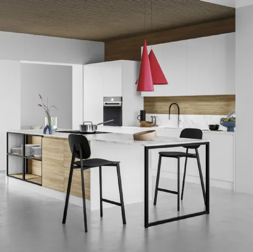 Cucina Moderna con isola J22 006 in laccato e effetto legno di Ar-due