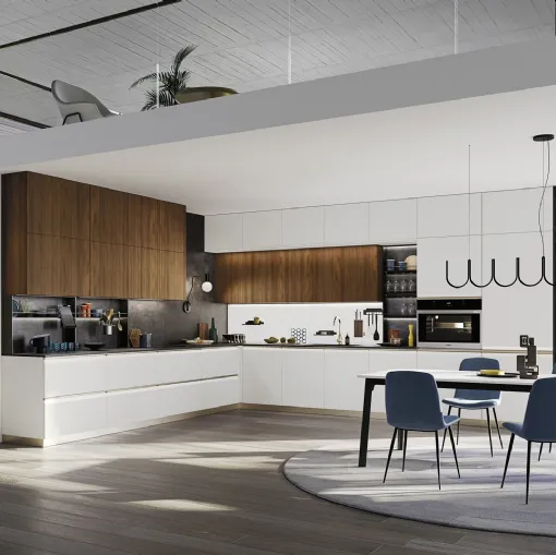 Cucina Moderna angolare K10 001 in laccato e cannettato noce di Ar-due
