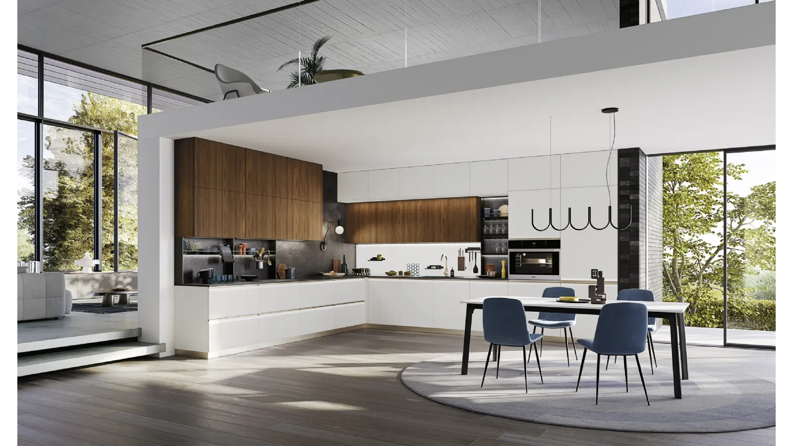 Cucina Moderna angolare K10 001 in laccato e cannettato noce di Ar-due
